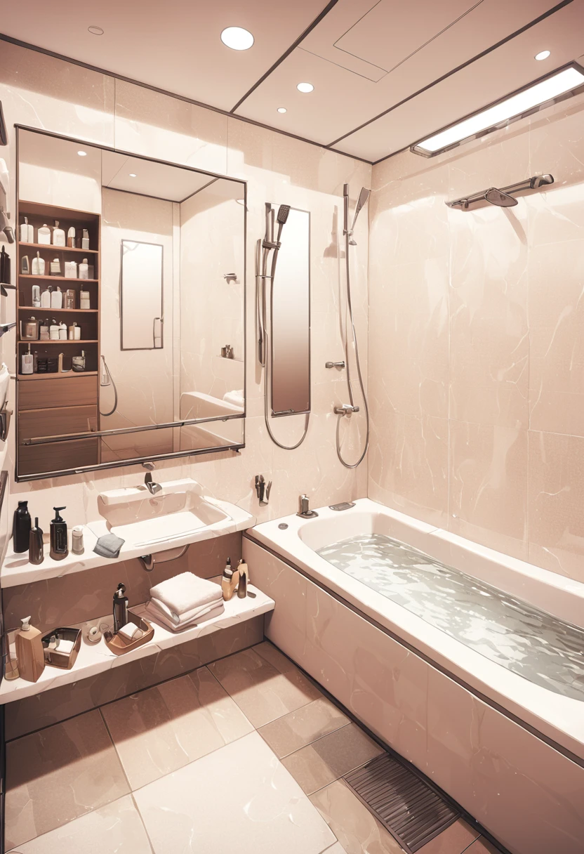 masterpiece, best quality, ultra-detailed, illustration,
JMF, scenery, mirror, bathroom, faucet, indoors, bathtub, soap bottle, reflection, towel, tiles, shower (place), window, tile wall, shower head, bottle, lamp, water,
<lora:JMF_SDXL_V1:0.8>