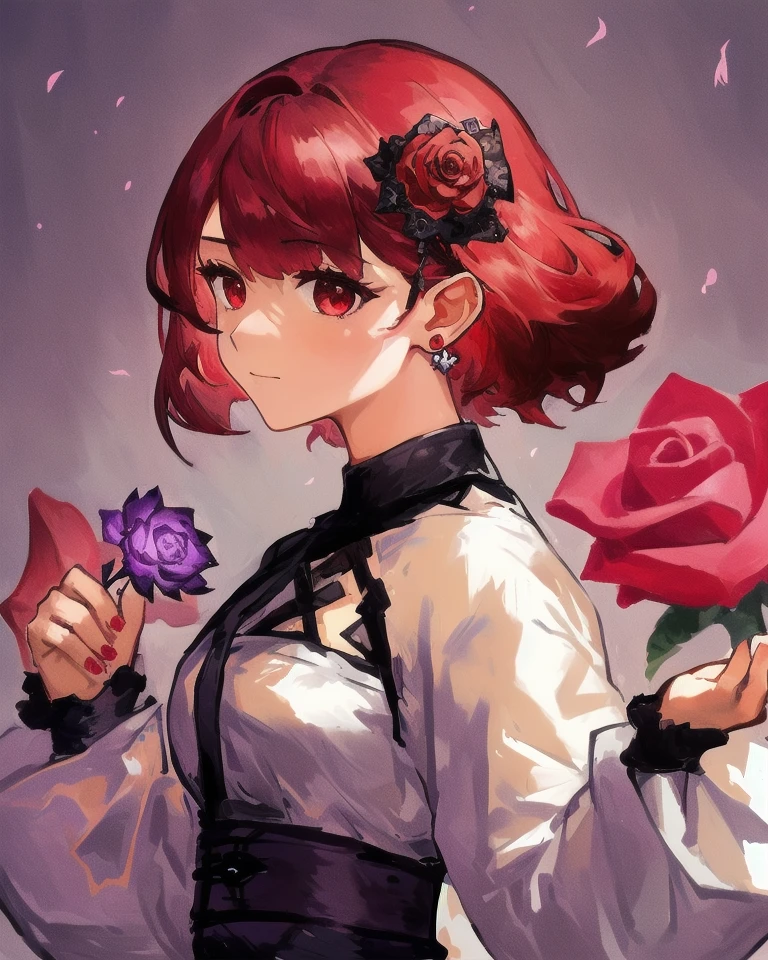 1girl, solo, looking at viewer, short hair, bangs, hair ornament, red eyes, long sleeves, jewelry, closed mouth, upper body, flower, red hair, earrings, hair flower, sleeves past wrists, rose, expressionless, red flower, gem, red rose, purple flower, red gemstone