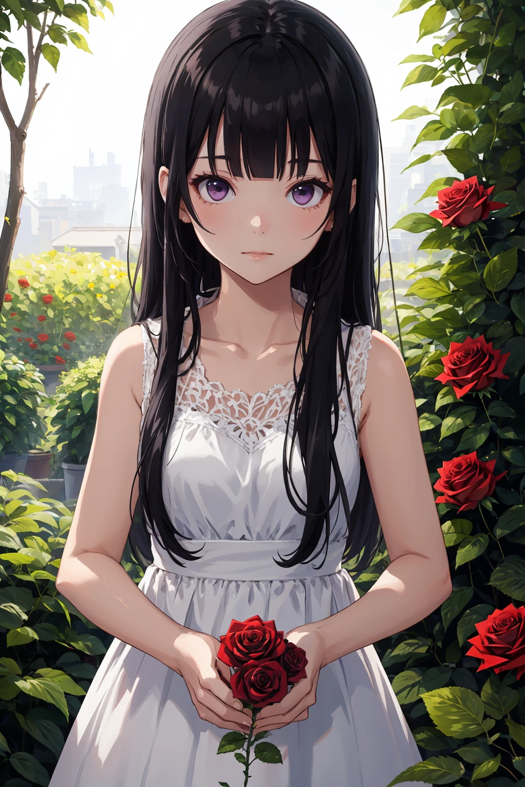 1girl, purple eyes, black hair, long hair, hime cut, blunt bangs, white sleeveless dress, ambient lighting, garden, roses, sunlight, day
