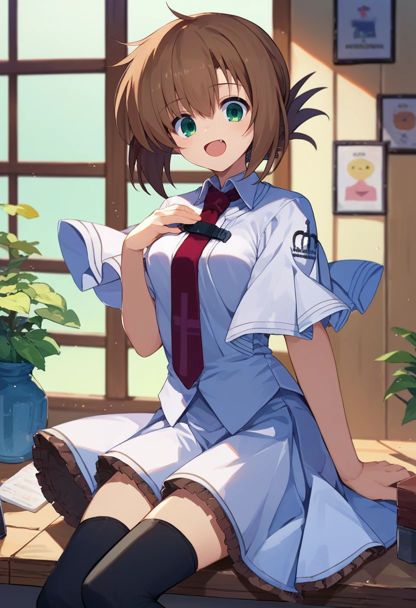 score_9, score_8_up, score_7_up, source_anime,  tachibana kimika, brown hair, short hair, green eyes, red necktie, white shirt, white skirt, short sleeves, thighhighs,   <lora:Kimika3-000010:1>