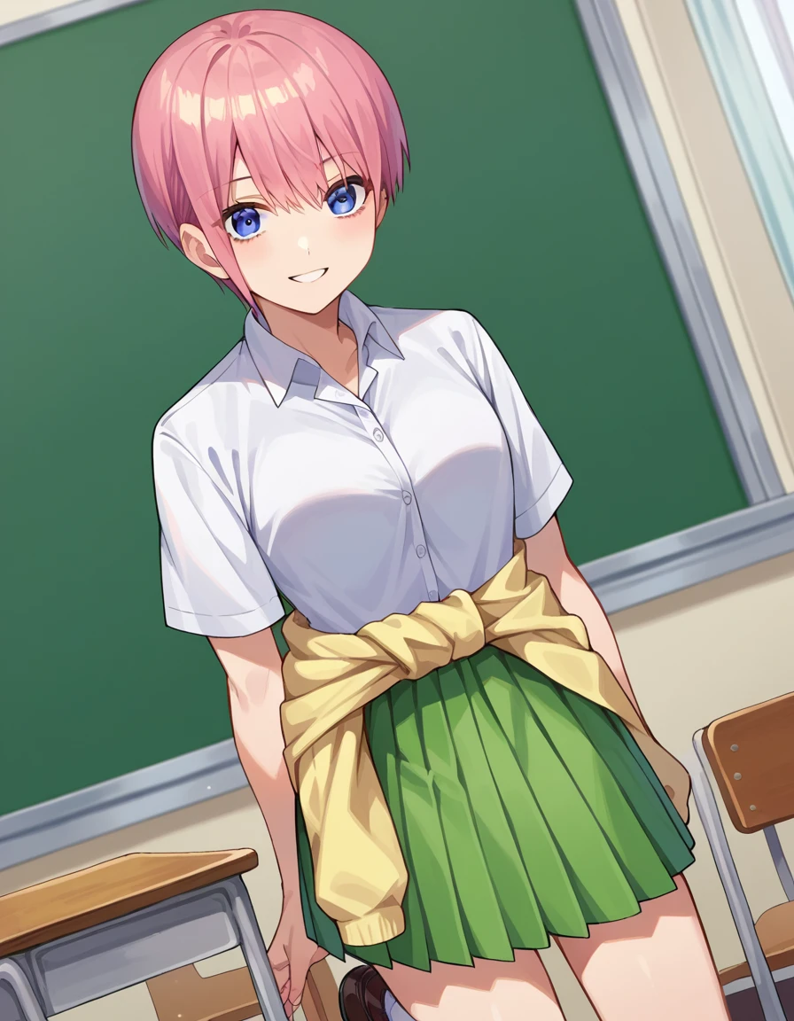 score_9, score_8_up, score_7_up, source_anime,
ichikanakano, <lora:ichika-nakano-pruned-ponyxl-lora-nochekaiser:1>,
ichika nakano, short hair, bangs, blue eyes, hair between eyes, pink hair, pixie cut, smile,
skirt, shirt, school uniform, white shirt, short sleeves, pleated skirt, shoes, socks, collared shirt, black footwear, sweater, white socks, green skirt, loafers, clothes around waist,
indoors, classroom,
looking at viewer, cowboy shot, dutch angle,