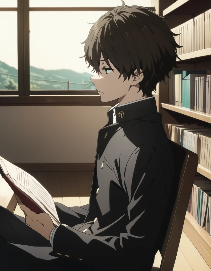 1boy,
<lora:orekihoutarouXL1:0.8>,orekihoutarou,
green eyes,black hair,brown hair,
expressionless,
gakuran,
read a book,
sitting,
library,
from side,
masterpiece, best quality, ultra detailed, highres,4k,(ultra-detailed:1.4) (illustration:0.5), (ray tracing,:0.8),(anime colored:0.7),(ai-generated:0.5), (anime screencap:1.2),