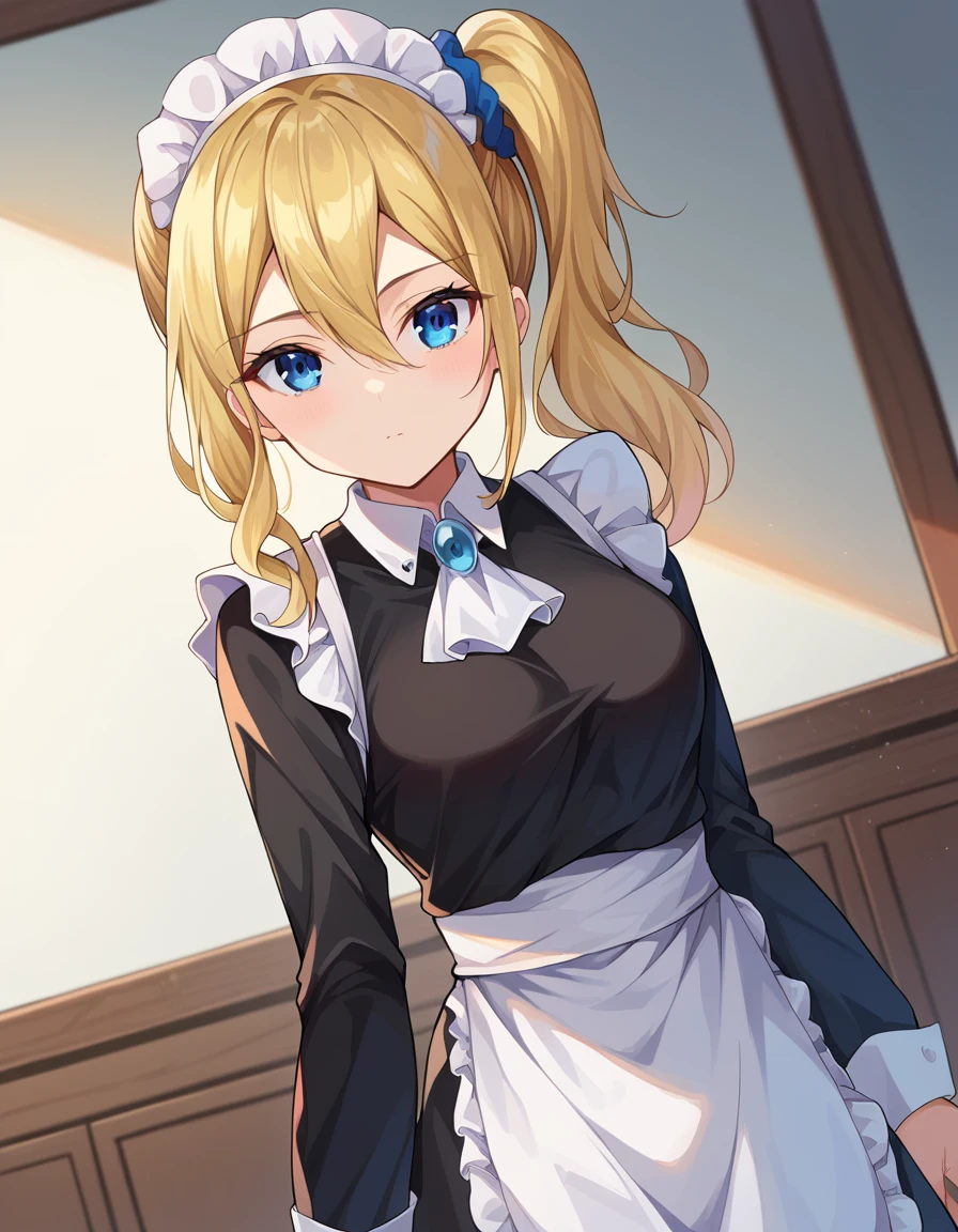 score_9, score_8_up, score_7_up, source_anime,
aihayasaka, <lora:ai-hayasaka-ponyxl-lora-nochekaiser:1>,
ai hayasaka, bangs, blue eyes, blonde hair, hair ornament, hair between eyes, sidelocks, side ponytail, scrunchie, hair scrunchie, blue scrunchie,
shirt, long sleeves, dress, white shirt, collared shirt, apron, maid, maid headdress, ascot, waist apron,
indoors,
looking at viewer, cowboy shot, dutch angle,