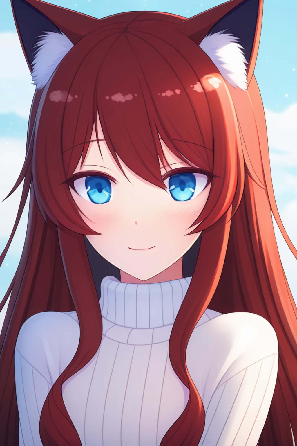 (extremely aesthetic, best quality, newest), 1girl, solo, cat ears, looking at viewer, blush, light smile, upper body, blue eyes, cat ears, dark red hair, straight hair, long hair, white sweater,