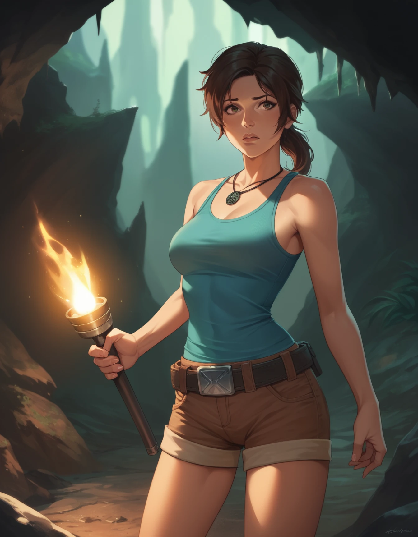 score_9, score_8_up, score_7_up, score_6_up, score_5_up, score_4_up, source_anime,
1girl, solo, lara croft, worried, tank top, shorts, belt, holding torch, dark, cave