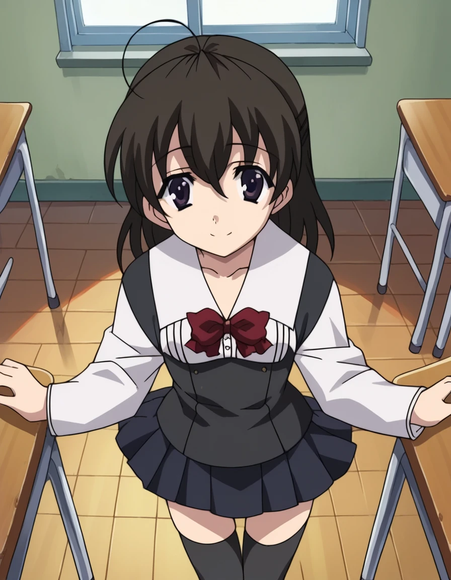 score_9, score_8_up, score_7_up, source_anime,
sekaisaionji, <lora:sekai-saionji-ponyxl-lora-nochekaiser:1>,
sekai saionji, black hair, brown eyes, ahoge, smile,
skirt, thighhighs, school uniform, shoes, black thighhighs, zettai ryouiki,
indoors, classroom,
looking at viewer, cowboy shot,