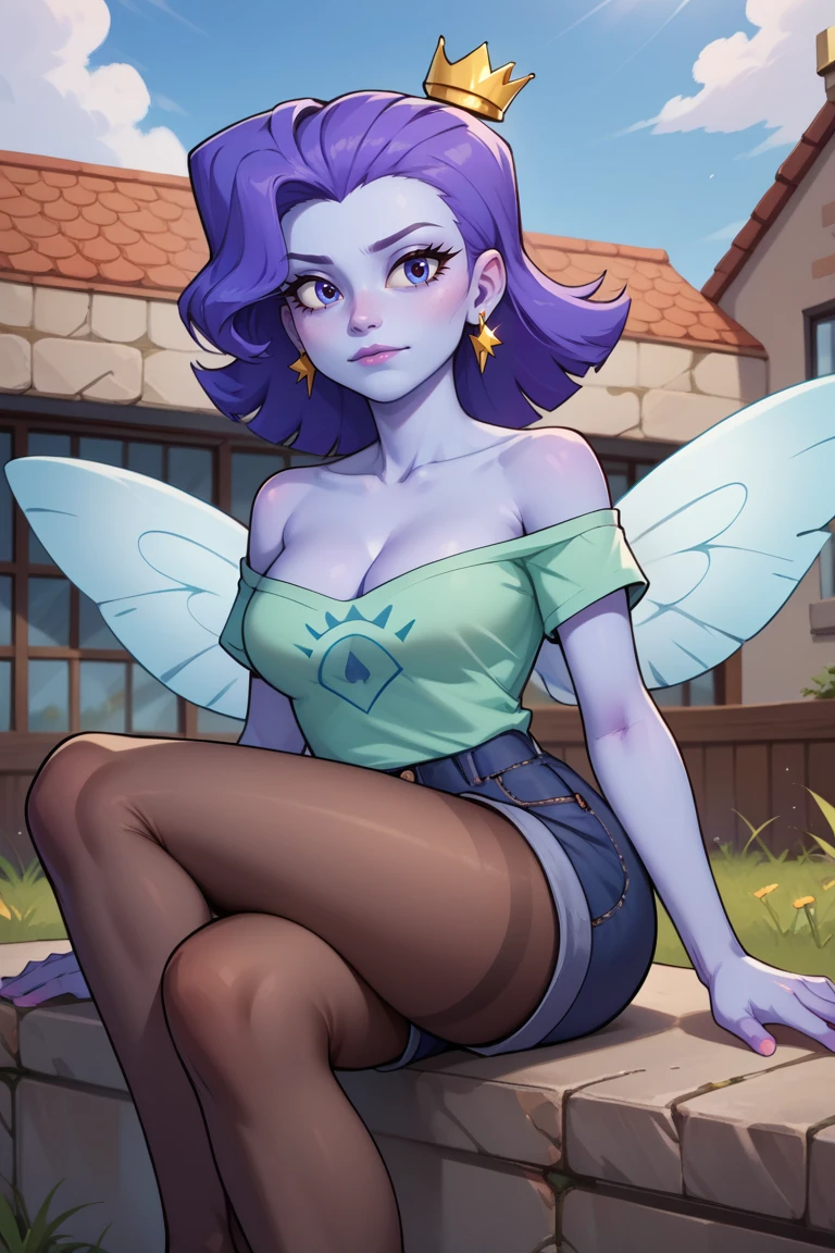 score_9, score_8_up, score_7_up, BREAK, 1girl, solo, breasts,  <lora:brandylynn-guy-PONYv1:1>. brandylynn, blue skin, crown, earrings, jewelry,  shirt, off shoulder, cleavage, shorts, pantyhose, wings, sitting, outdoors,