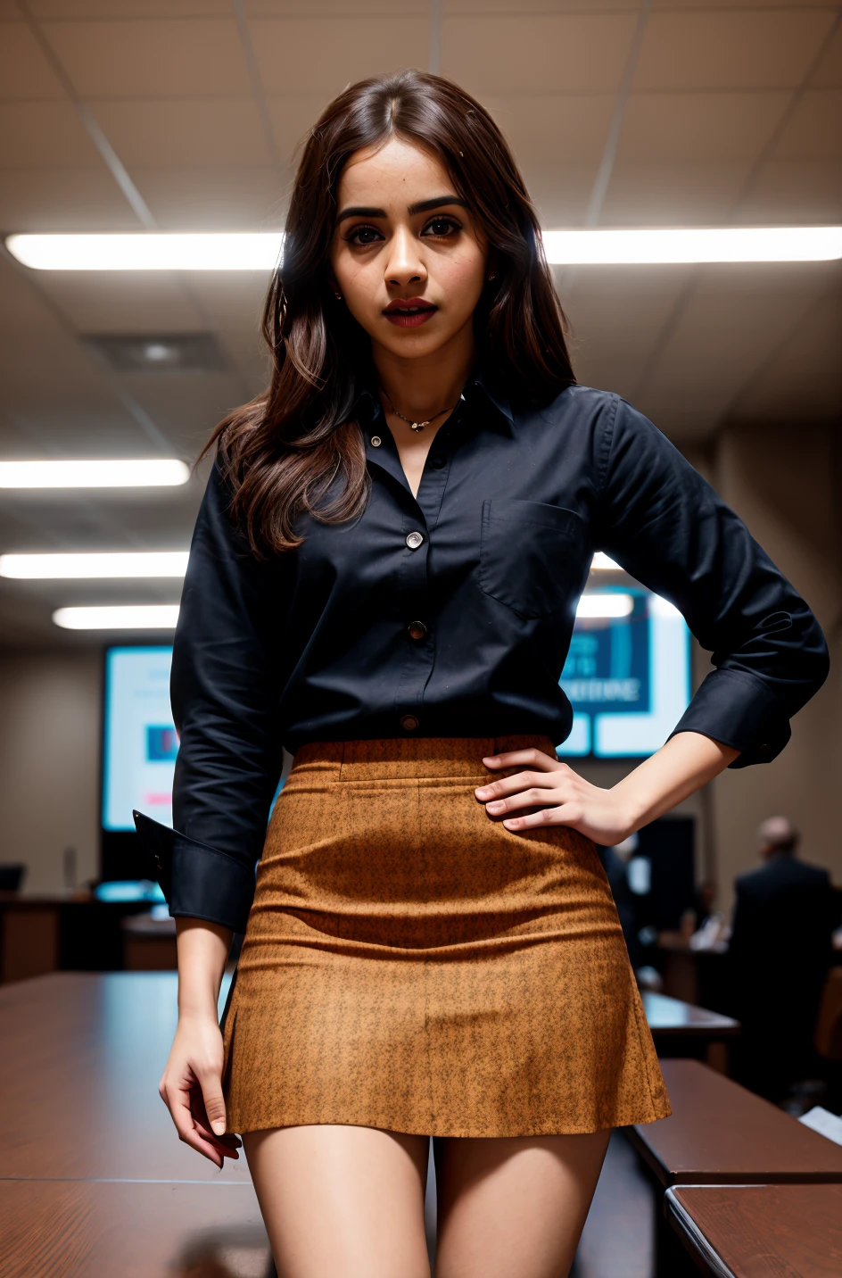 tv_Mandip_Gill_A, , angry expression, wearing a pencil skirt, wearing a dress shirt, wearing a blazer, standing at the edge of a conference table, shot from below, ((cowboy shot)),, (((epic-Ultra-HD-details, epic-Ultra-HD-highlights, upscaled-resolution, optimal)))