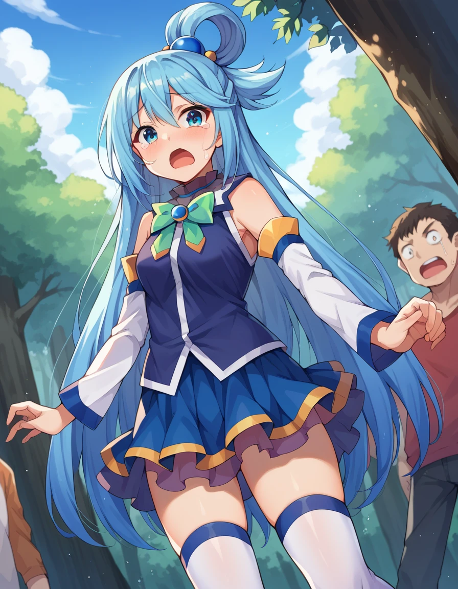 score_9, score_8_up, score_7_up, source_anime,
konosubaaqua, <lora:konosuba-aqua-ponyxl-lora-nochekaiser:1>,
aqua, long hair, blue eyes, hair ornament, very long hair, blue hair, hair rings, single hair ring, hair bobbles,
skirt, shirt, thighhighs, bare shoulders, detached sleeves, white thighhighs, blue skirt, blue shirt, green bow,
outdoors, forest, monsters, goblins, crying, open mouth,
looking at viewer, cowboy shot, dutch angle,