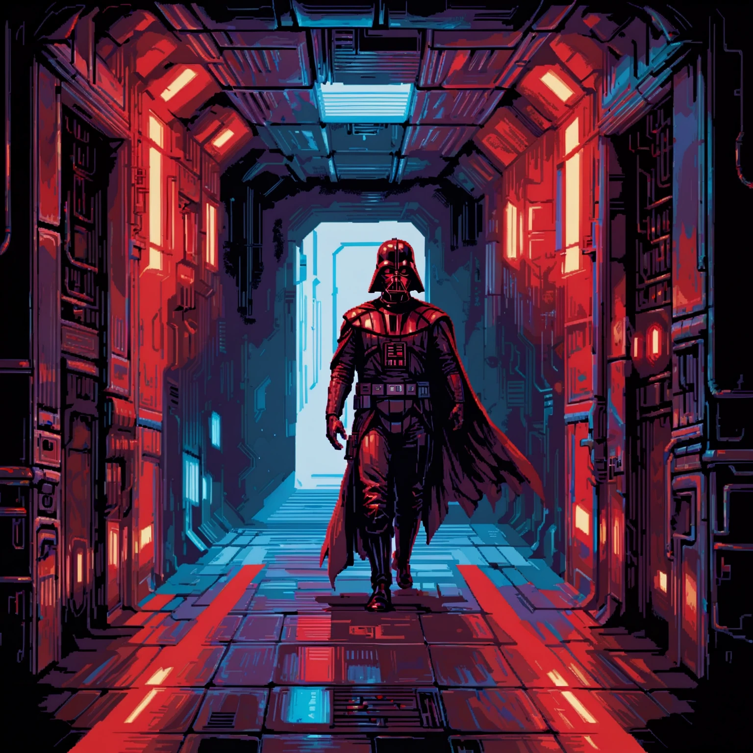 darth in a dark starship corridor lit by his red lightsaber, (pulp_comic, heavy_lines, hand_drawn, hand_inked, hand_colored, perfect_face)