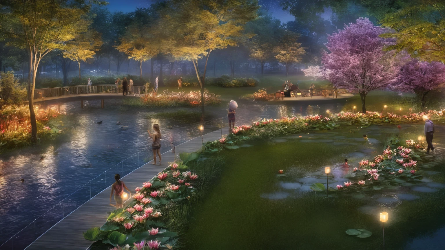 <lora:JJsLandscape_Render_XL:1>, ((Landscape Render)), masterpiece, best quality, scenery, outdoors, tree, sakura tree,real world location, grass, bush, walkway ,water, subject, high quality, lamps , road, grass, ((night)) moon, sky, water color, multiple girls, multiple boys, fense, water lily, fishs under water, flowers,fire flys,