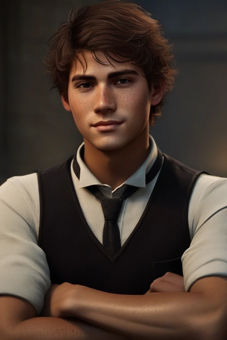 1boy, arms crossed, freckles, male focus, messy hair, mole, sebsallow  <lora:Sebastian Sallow - Hogwarts Legacy SDXLtest9:0.8>