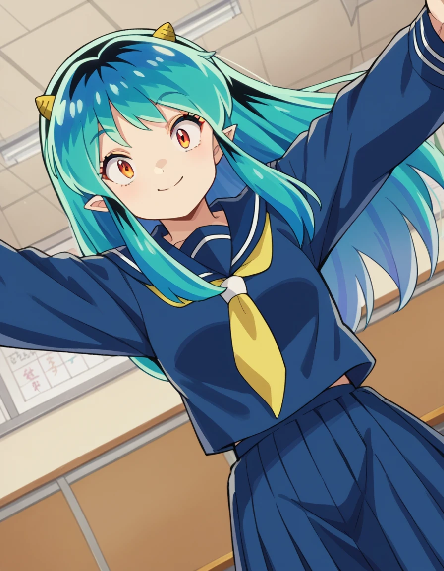 score_9, score_8_up, score_7_up, source_anime,
uruseiyatsuralum, <lora:lum-ponyxl-lora-nochekaiser:1>,
lum, long hair, bangs, blue hair, orange eyes, horns, pointy ears, aqua hair, oni horns, eyeshadow,
shirt, long sleeves, school uniform, serafuku, sailor collar, neckerchief, yellow neckerchief, shirt, blue shirt, blue sailor collar, blue skirt,
indoors, classroom, flying, smile,
looking at viewer, cowboy shot, dutch angle,