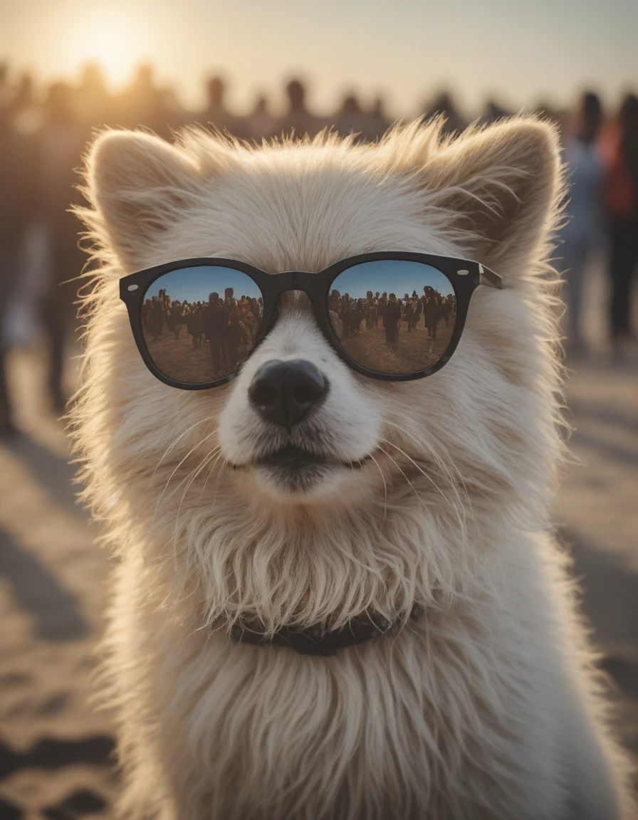 a closeup photorealistic photograph of a cute stylish panda themed Pomeranian puppy dog wearing cat-eye sunglasses at the beach during sunset. Surf in the background. This 4K HD image is Trending on Artstation, featured on Behance, well-rendered, extra crisp, features intricate detail and the style of Unreal Engine., ruined temple, crumbling statues, sacred relics, forgotten worship, <lora:crowd_notrigger:1.0>