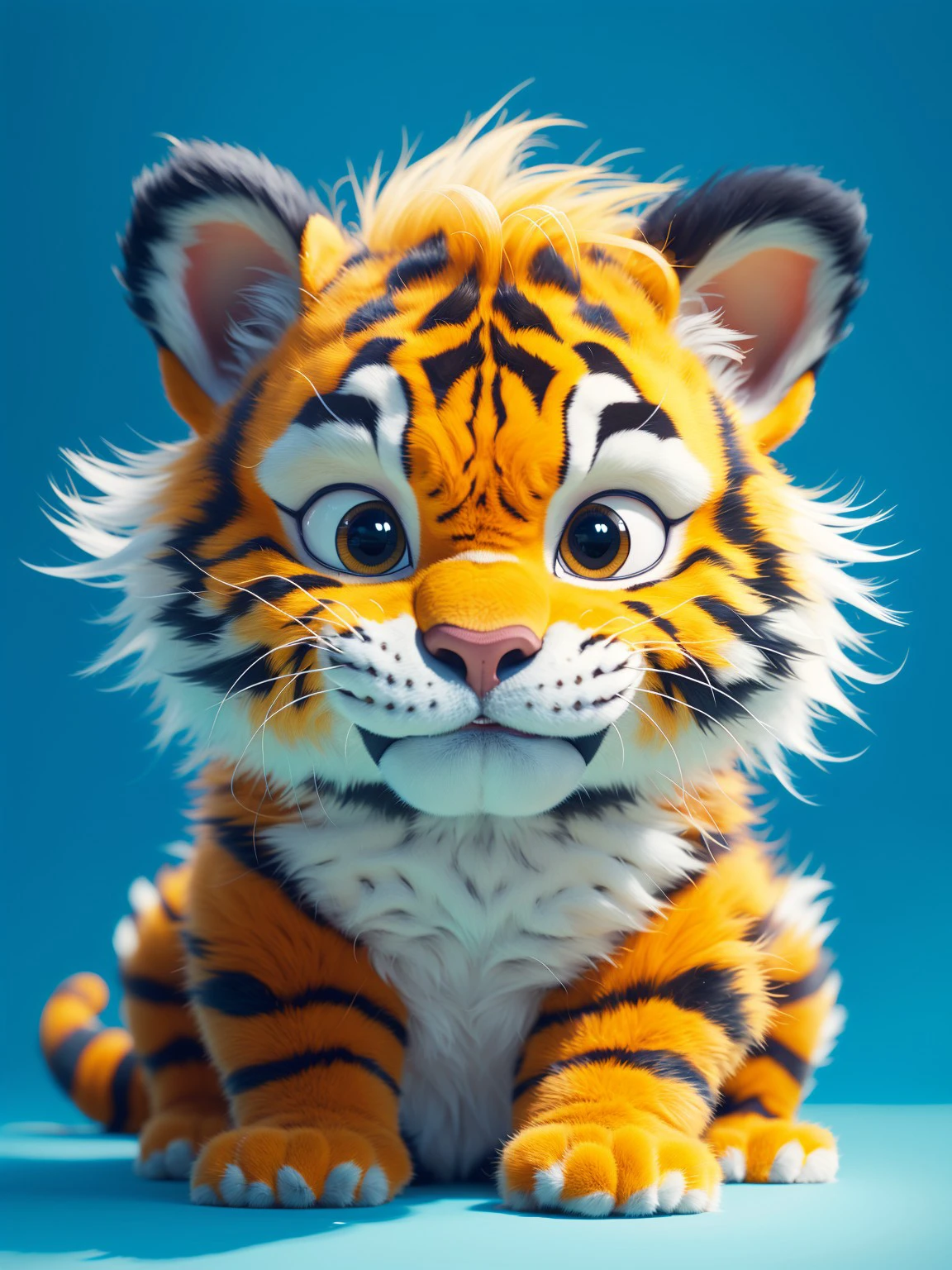 masterpiece, high quality, a tiger, cute, blue background, <lora:J_hairy:0.8> j_hairy
