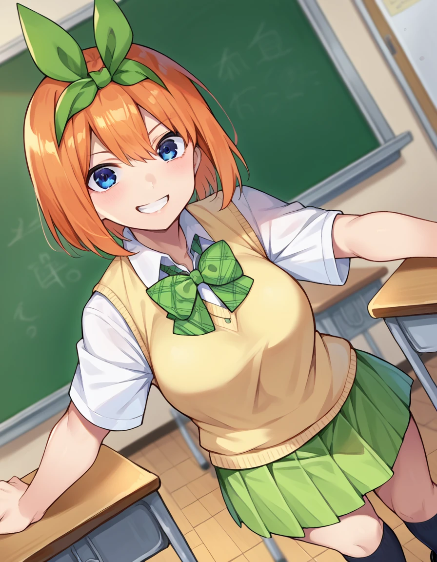 score_9, score_8_up, score_7_up, source_anime,
yotsubanakano, <lora:yotsuba-nakano-pruned-ponyxl-lora-nochekaiser:1>,
yotsuba nakano, bangs, short hair, blue eyes, hair between eyes, hair ribbon, hairband, orange hair, green ribbon, smile, grin, mature female,
skirt, shirt, bow, ribbon, school uniform, white shirt, short sleeves, pleated skirt, shoes, socks, collared shirt, miniskirt, bowtie, black footwear, kneehighs, green skirt, black socks, loafers, green bow, sweater vest, green ribbon, yellow sweater vest,
indoors, classroom,
looking at viewer, cowboy shot, dutch angle,
