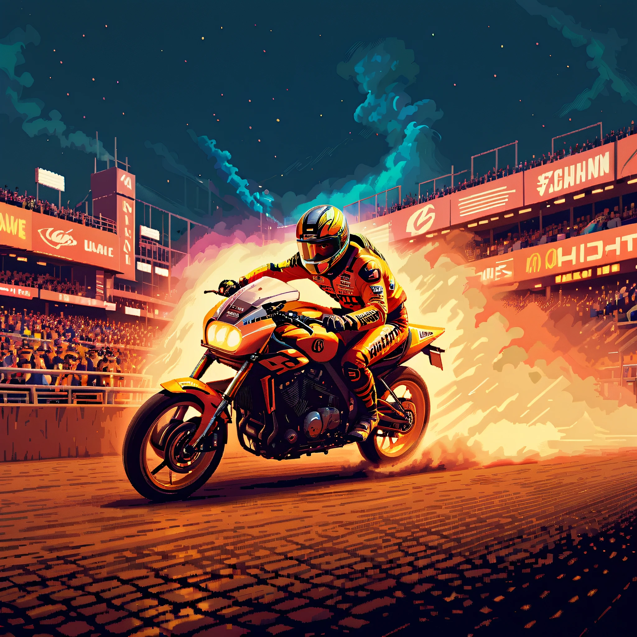 motorcycle race, sports stadium, smoke, crowds, night, motion blur, neon, (ultra-detailed), (masterpiece), (best_quality), (cinematic_lighting), (vibrant_colors)