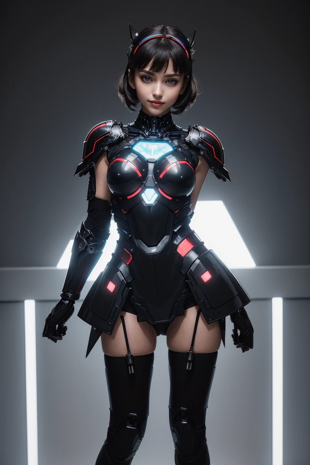 ((masterpiece,best quality,edgQuality)),(smile),1girl,solo,standing,posing,
edgFut_clothing, power armor,electric circuits,elbow gloves,thighhighs,zettai ryouiki ,wearing edgFut_clothing <lora:edgFutursticRediscovery:1>