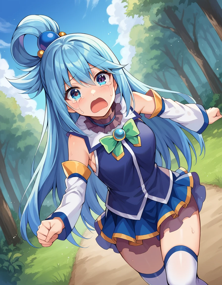 score_9, score_8_up, score_7_up, source_anime,
konosubaaqua, <lora:konosuba-aqua-ponyxl-lora-nochekaiser:1>,
aqua, long hair, blue eyes, hair ornament, very long hair, blue hair, hair rings, single hair ring, hair bobbles,
skirt, shirt, thighhighs, bare shoulders, detached sleeves, white thighhighs, blue skirt, blue shirt, green bow,
outdoors, forest, monsters, goblins, crying, open mouth, running,
looking at viewer, cowboy shot, dutch angle,