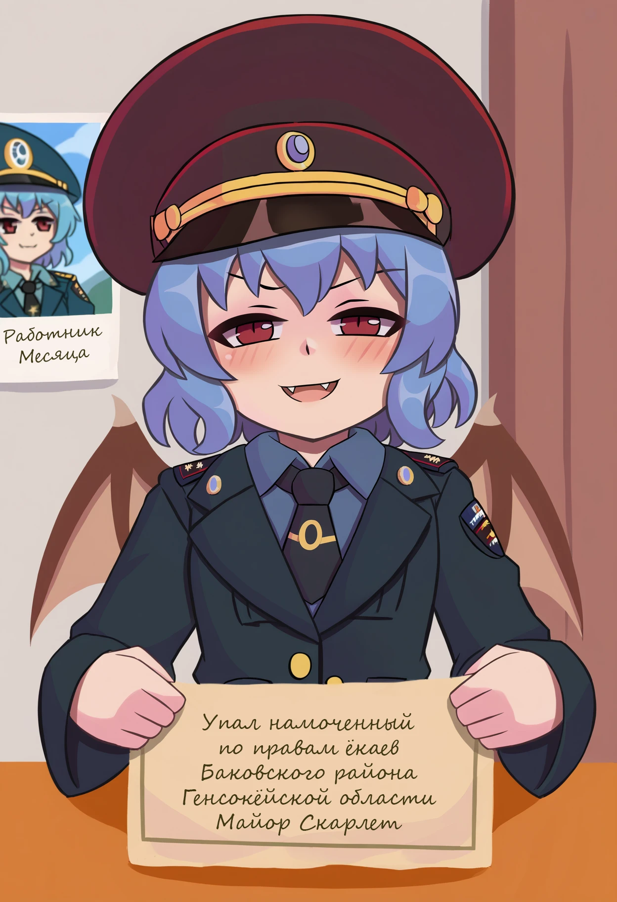 score_9, best quality, masterpiece, uncensored, source_anime
BREAK
1girl, solo, short hair, open mouth, shirt, red eyes, long sleeves, hat, holding, blue hair, jacket, upper body, wings, necktie, alternate costume, fang, collared shirt, uniform, english text, military, black headwear, military uniform, bat wings, peaked cap, black necktie, poster (object), remilia scarlet, smug
<lora:duhota_pony_v3:1>