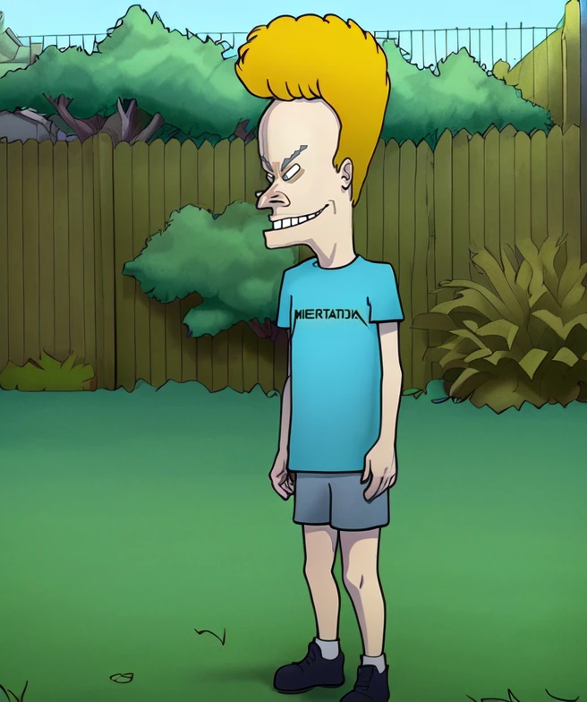 <lora:Beavis_and_Butthead-000014:1>, <lora:boldline:0.2>, high res, beavis, solo, blonde hair, black round pupils, smile, blue shirt, metallica, grey shorts, full body, 2d cartoon flat colouring, cell shading, standing in a yard with a fence