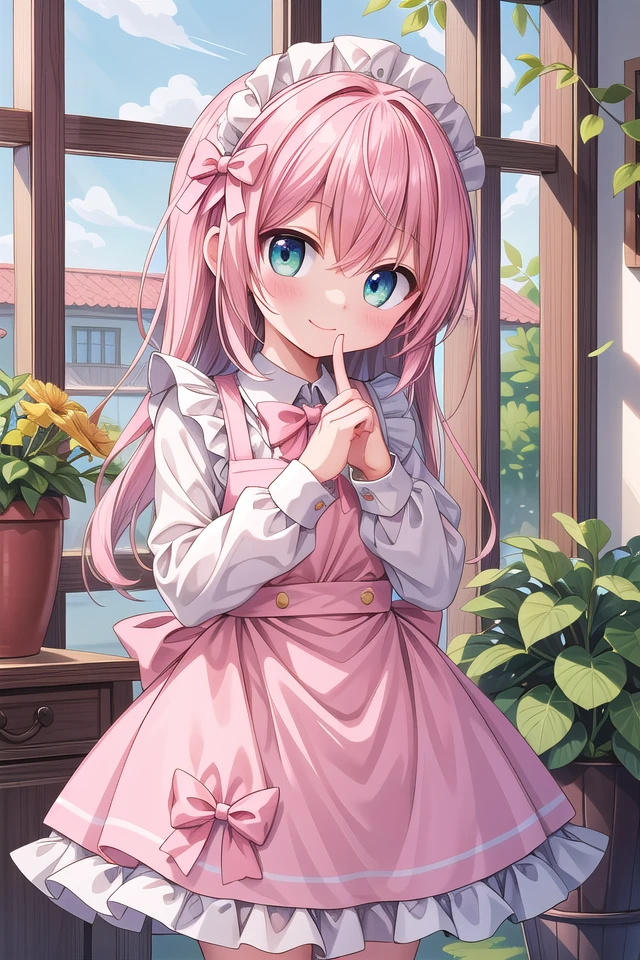 insanely detailed, absurdres, ultra-highres, ultra-detailed, best quality,
1girl, solo, nice hands, perfect hands,
BREAK
apron, blush, bow, bowtie, frilled apron, frills, long sleeves, maid, maid apron, maid headdress, waist apron, white apron
BREAK
smile, closed mouth
BREAK
finger to mouth, index finger raised, shushing, cowboy shot, looking at viewer,
BREAK
slender, kawaii, perfect symmetrical face, ultra cute girl, ultra cute face, ultra detailed eyes, ultra detailed hair, ultra cute, ultra beautiful,
BREAK
day, flower, ivy, leaf, indoors, open door, plant, potted plant, vines, window,
BREAK
white (pink:1.2) hair, green eyes, long hair, medium breasts, bangs, eyebrows visible through hair,