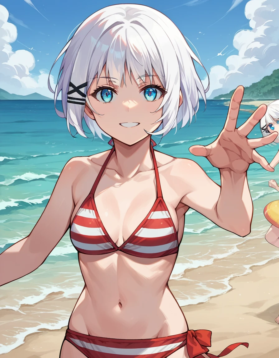 bit girl,Bikini swimsuit,adolable,Be red in the face,sandbeach,White bra,beach umbrella,Blue-white hair