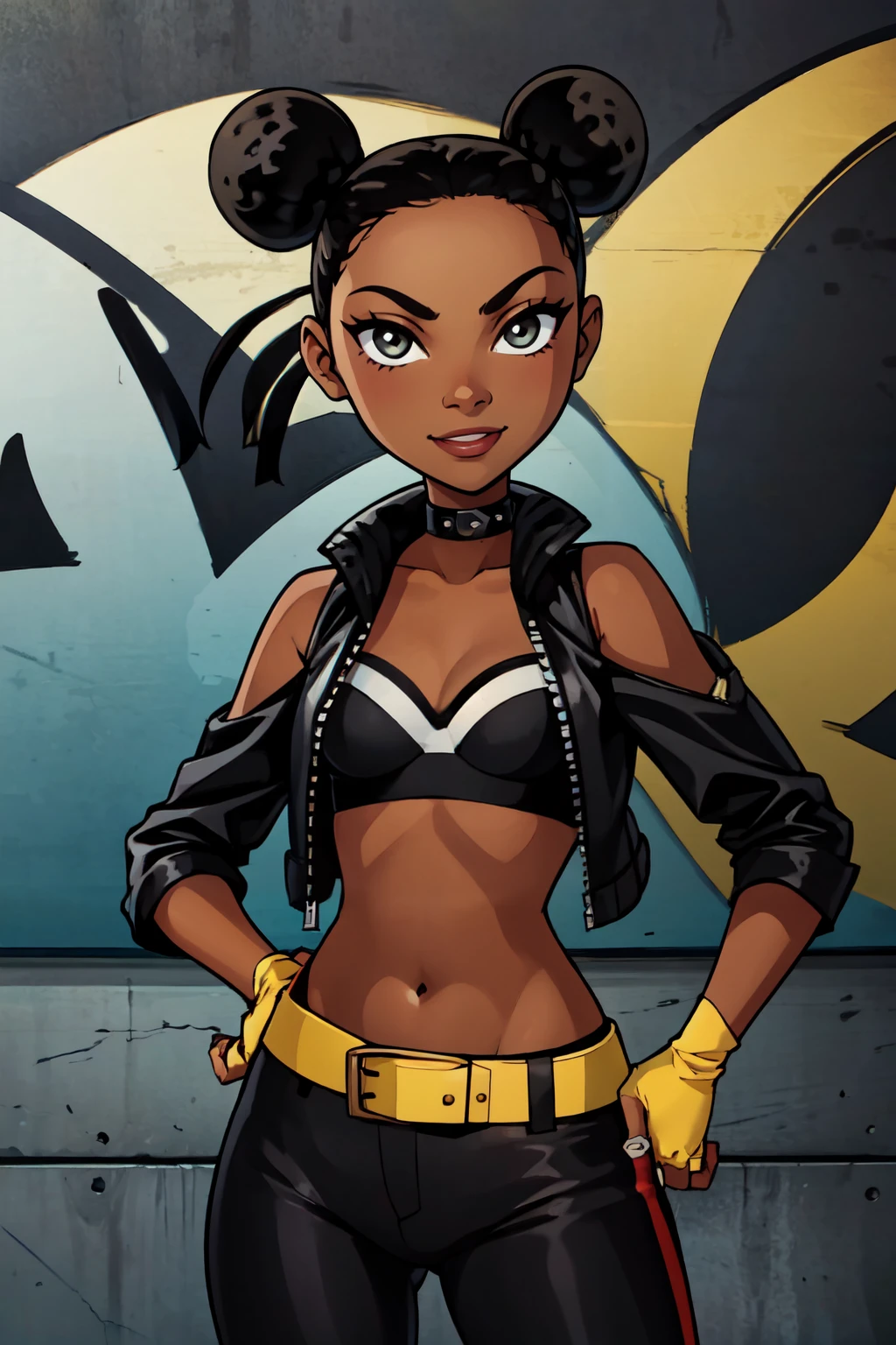 ((masterpiece,best quality)), absurdres, <lora:Bumblebee_DC:0.8>,  1girl, black_hair, dark_skin, hair_bun, dark-skinned_female, double_bun,  smile, looking at viewer,    leather jacket, leather pants, strapless bra, black jacket, tight pants, black choker, zipper, fingerless gloves, biker clothes, spikes, unzipped, multiple belts, shiny clothes, high collar, (graffiti:1.2), brick wall,