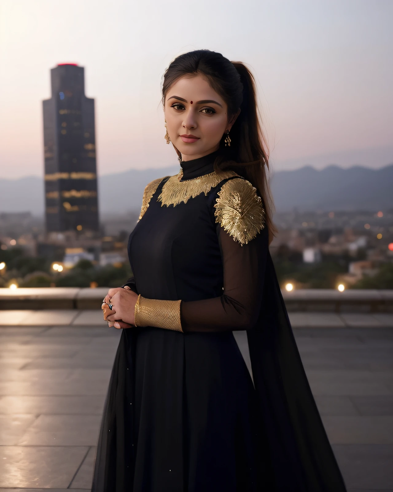 a photo of a 25-year-old woman, smrn, professional portrait photo,high neck Long Anarkali Gown, high ponytail, Tight-lipped determination solo, night time, city bokeh lights <lora:smrn_Simran_Bagga_SD15_LoRA_prodigy_local_regs:1>
