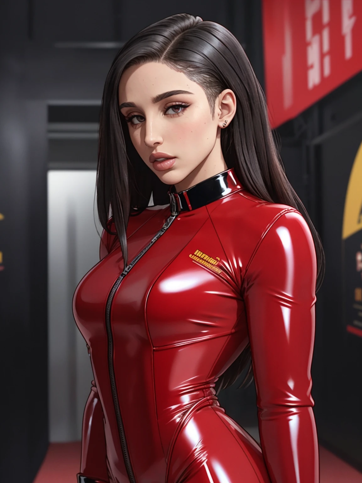 photo of (block_abedan:0.99), a beautiful woman, long perfect hair, (upper body shot), (wearing red latex jumpsuit:1.2), (red carpet event:1.2), 70mm, (analog, cinematic, film grain:1.3), ((detailed eyes)), (color picture:1.1), Fujifilm XT3