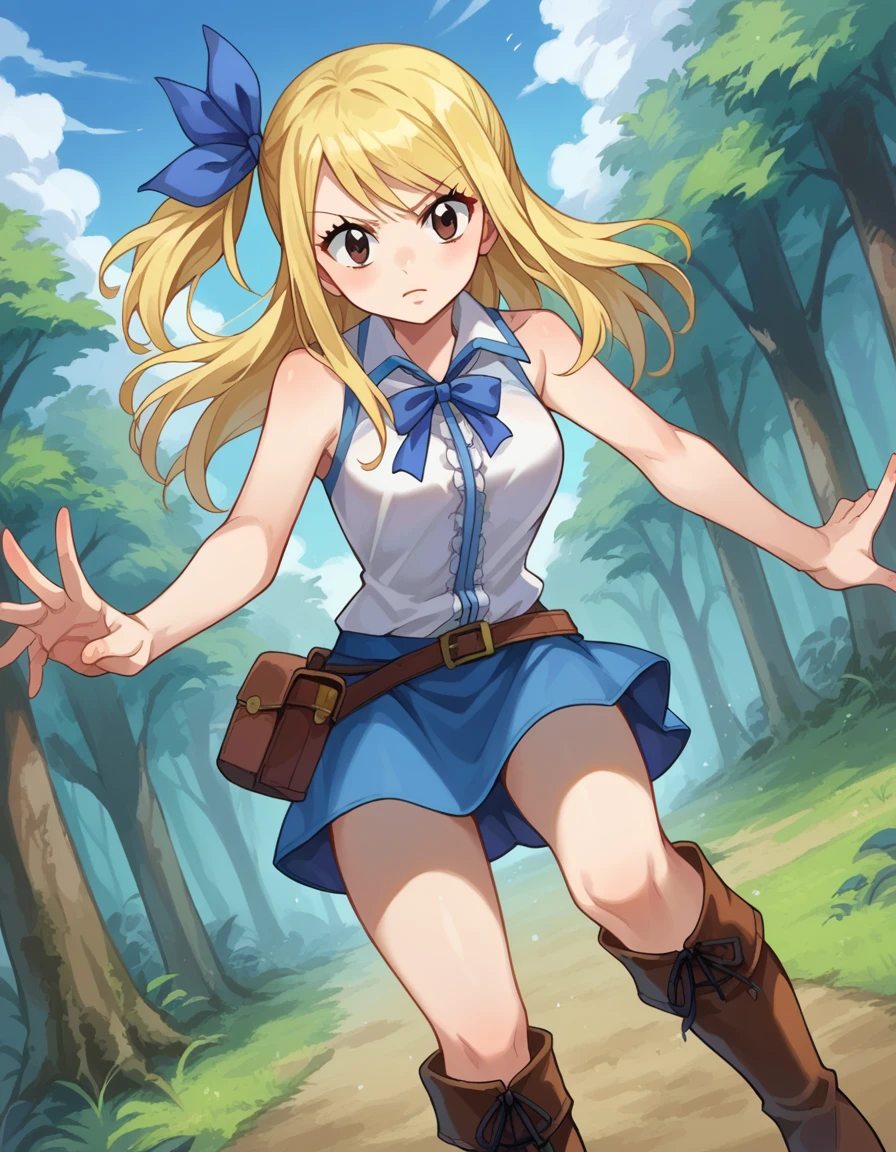 score_9, score_8_up, score_7_up, source_anime,
lucyheartfilia, lucy heartfilia, blonde hair, brown eyes, one side up, ribbon, hair ribbon, blue ribbon, long hair, smile,
skirt, shirt, bare shoulders,thigh boots, sleeveless, blue skirt, sleeveless shirt, white shirt, zipper,
outdoors, forest, nature,
looking at viewer, cowboy shot, dutch angle, dynamic pose,
