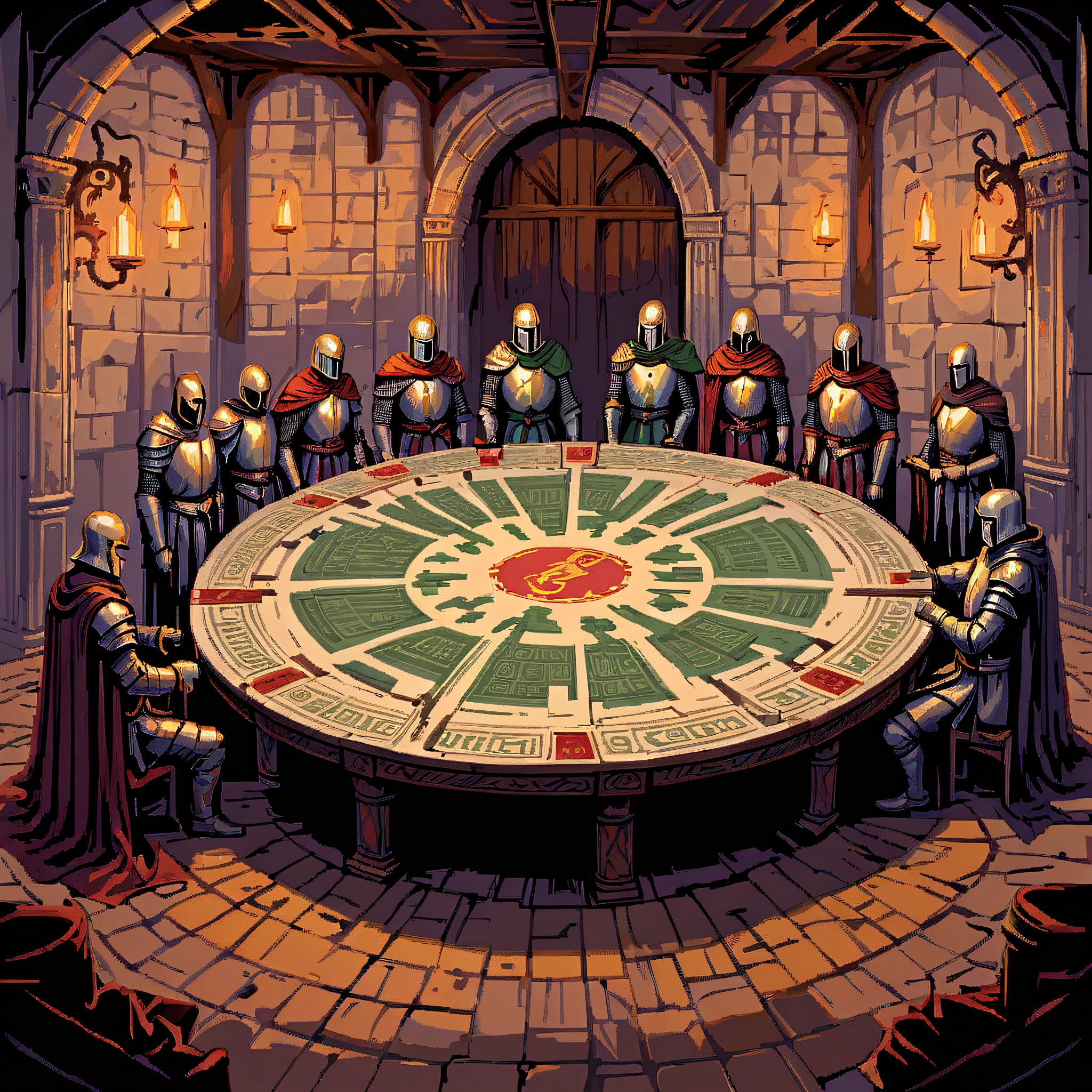 In the grandeur of Camelot's hall, the Knights of the Round Table are gathered in earnest discussion around the legendary Round Table, which symbolizes their unity and equality. Each knight, adorned in armor emblematic of their personal heraldry, leans forward, engaged in the planning of a noble quest. Maps and ancient texts are spread out before them, lit by the flickering light of candles, dark fantasy, dark ages, celtic, (pulp_comic, heavy_lines, hand_drawn, hand_inked, hand_colored, perfect_face)