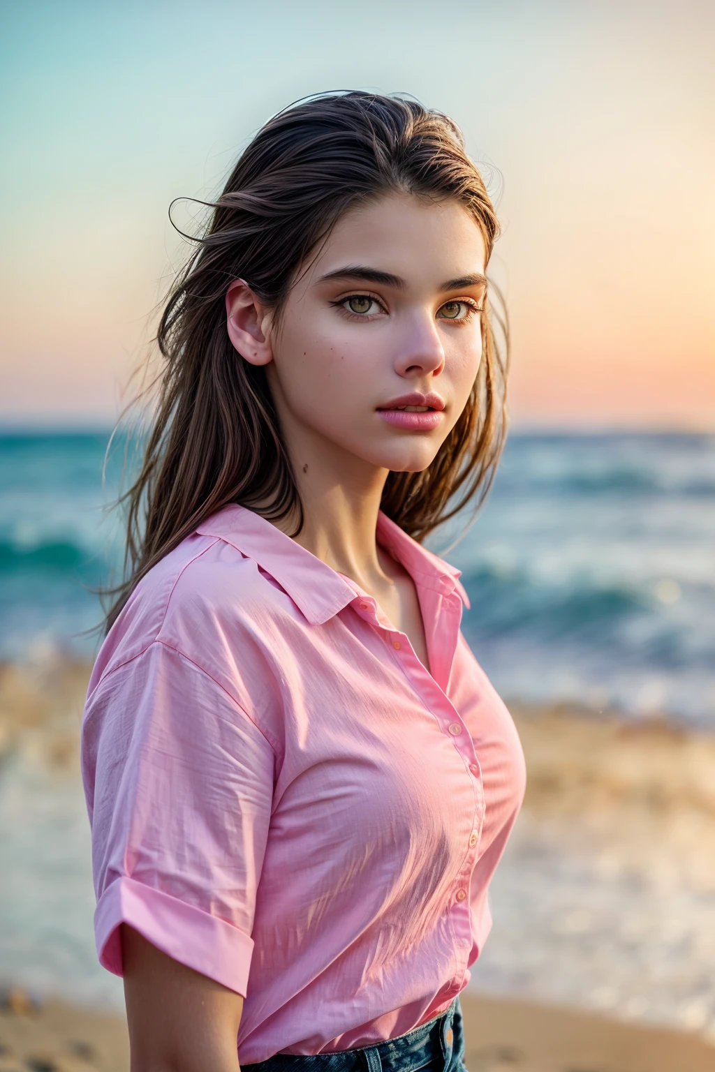 best quality close up portrait of self-assurance (AIDA_LoRA_LG2022:1.06) <lora:AIDA_LoRA_LG2022:0.86> in (simple pink shirt:1.1), [stunning girl], pretty face, parted lips, cinematic, dramatic, insane level of details, intricate pattern, kkw-ph1, (colorful:1.1), (on the seashore:1.1), sea, sand, sky, (on the beach:1.1), sunlight, outdoors