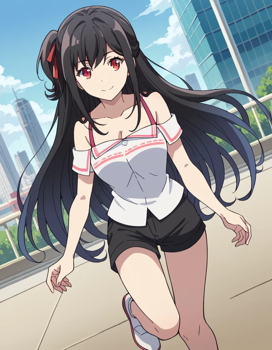 score_9, score_8_up, score_7_up, source_anime,
nagisanatsunagi, <lora:nagisa-natsunagi-ponyxl-lora-nochekaiser:1>,
nagisa natsunagi, long hair, black hair, red eyes, very long hair, one side up, smile,
shirt, cleavage, bare shoulders, collarbone, white shirt, shoes, shorts, off shoulder, short shorts, black shorts, white footwear, off-shoulder shirt,
outdoors, cityscape,
looking at viewer, cowboy shot, dutch angle, dynamic pose,