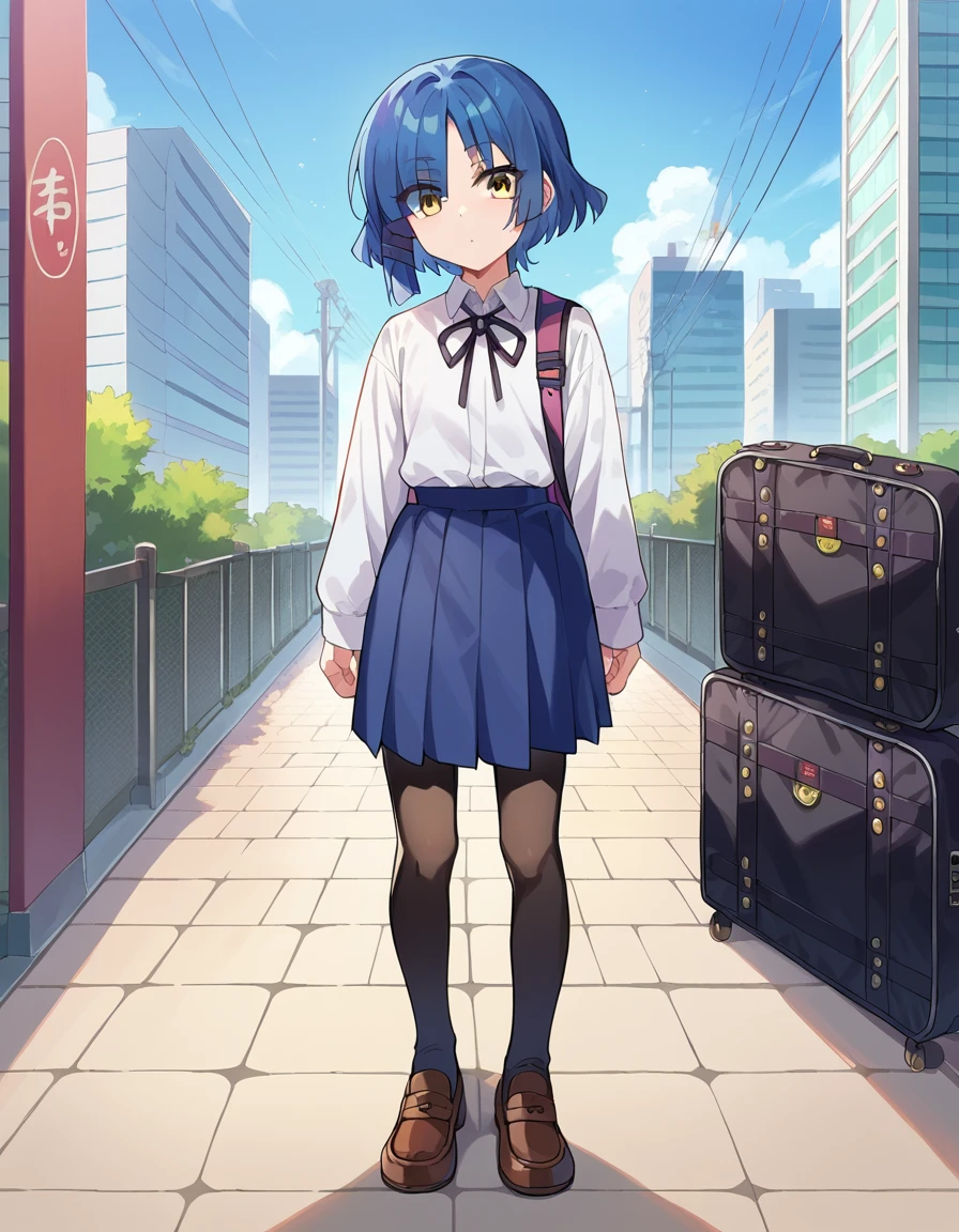 score_9, score_8_up, score_7_up, source_anime,
ryouyamada, <lora:ryou-yamada-ponyxl-lora-nochekaiser:1>,
ryou yamada, blue hair, eyes visible through hair, mole, mole under eye, short hair, yellow eyes, hairclips,
black pantyhose, black ribbon, blue skirt, brown footwear, loafers, long sleeves, pantyhose, ribbon, school uniform, shimokitazawa high school uniform, shirt, shoes, skirt, white shirt,
outdoors, cityscape, guitar, bass, guitar case,
looking at viewer, cowboy shot,