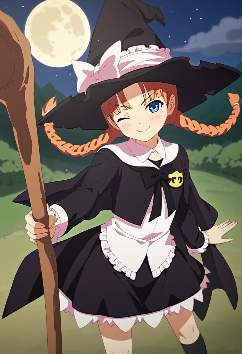 score_9, score_8_up, score_7_up, BREAK source_anime, rating_explicit, best quality, masterpiece, uncensored, <lora:priscilla_blade:1.2> priscilla_blade, 1girl, hat, witch hat, black headwear, long sleeves, dress, bow, hat bow, frills, bangs,black ribbon on chest, skirt, capelet, witch, black socks,standing, night, moon, holding wooden staff, one eye closed, smug, cowboy shot