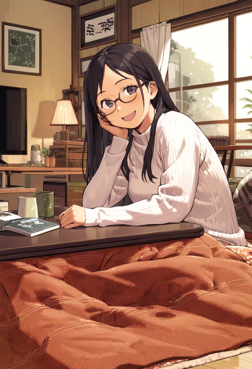 best quality, ultra-detailed, illustration, 
1girl, solo, glasses, black hair, long hair, white ribbed sweater, happy, smile, looking at viewer, open mouth, solo focus, sitting, across table, 
kotatsu, plant, book, scenery, wooden floor, cup, potted plant, indoors, chair, window, curtains, television, orange (fruit), lamp, cup
 <lora:col_xl:0.8> <lora:kotatsu_SDXL_V1:1>