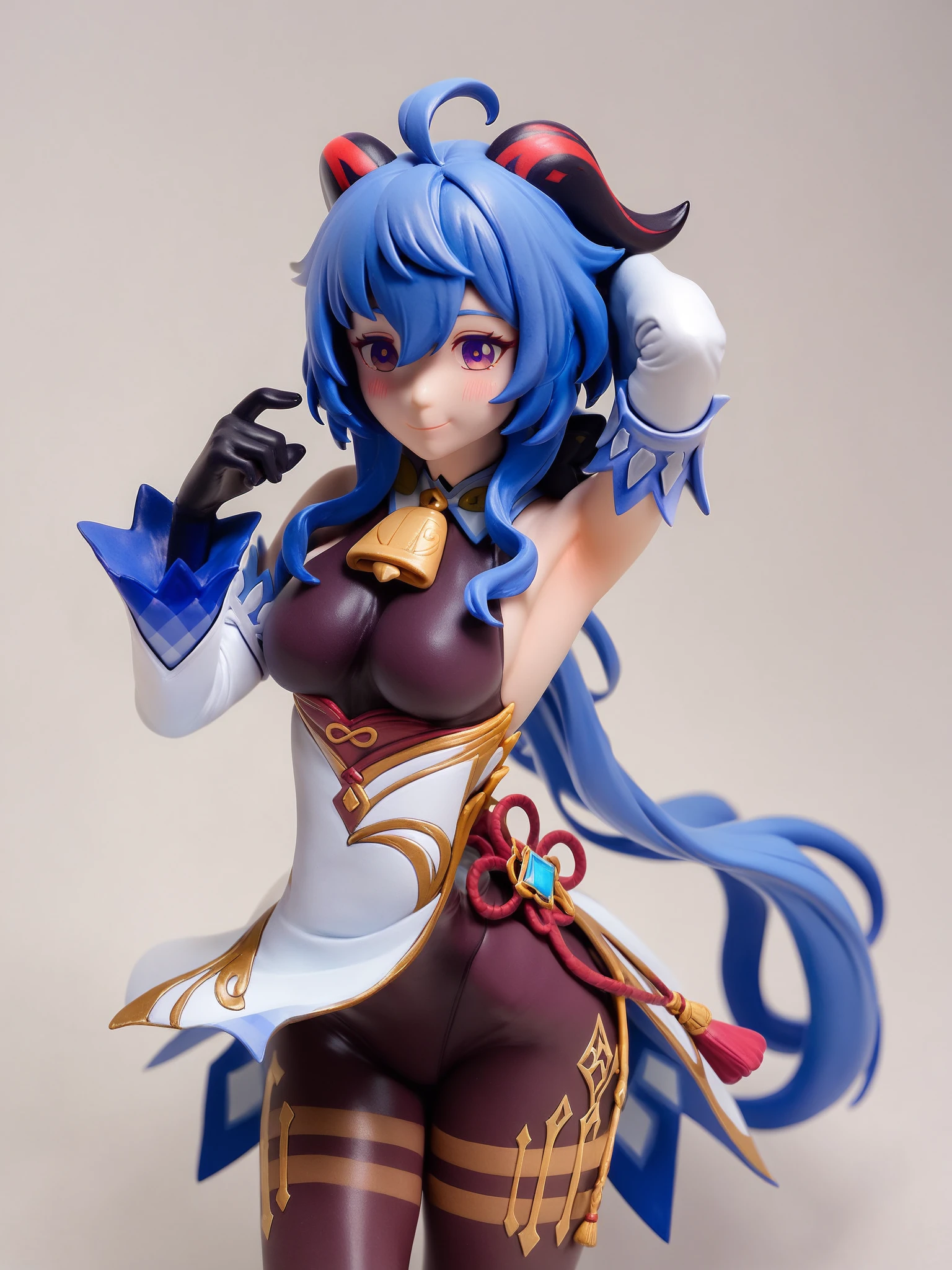 <lora:xl_figure style(kohaku_Delta)4-000005:1>,figure style,photorealistic,photo,ganyu \(genshin impact\), 1girl, horns, solo, gloves, blue hair, detached sleeves, long hair, breasts, bell, ahoge, purple eyes, black gloves, smile, bare shoulders, medium breasts, white background, looking at viewer, cowbell, blush, eyebrows visible through hair, bangs, goat horns, bodysuit, simple background, cowboy shot, pantyhose, very long hair, closed mouth, black bodysuit, neck bell, armpits, black legwear, gold trim, score_9,_up score_8_up,, masterpiece,best quality,
