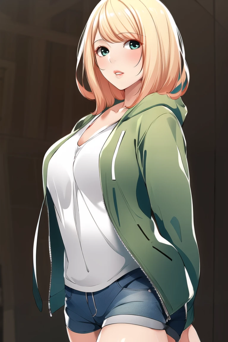 <lora:Min-JiJang:1>,(masterpiece:1.0),(best_quality:1.0),ultra high res,absurdres,ultra-detailed,simple background,cowboy shot, 
min-jijang, 1girl, solo, medium hair, blonde hair, large breasts,open jacket,green jacket, blue short,parted lips,