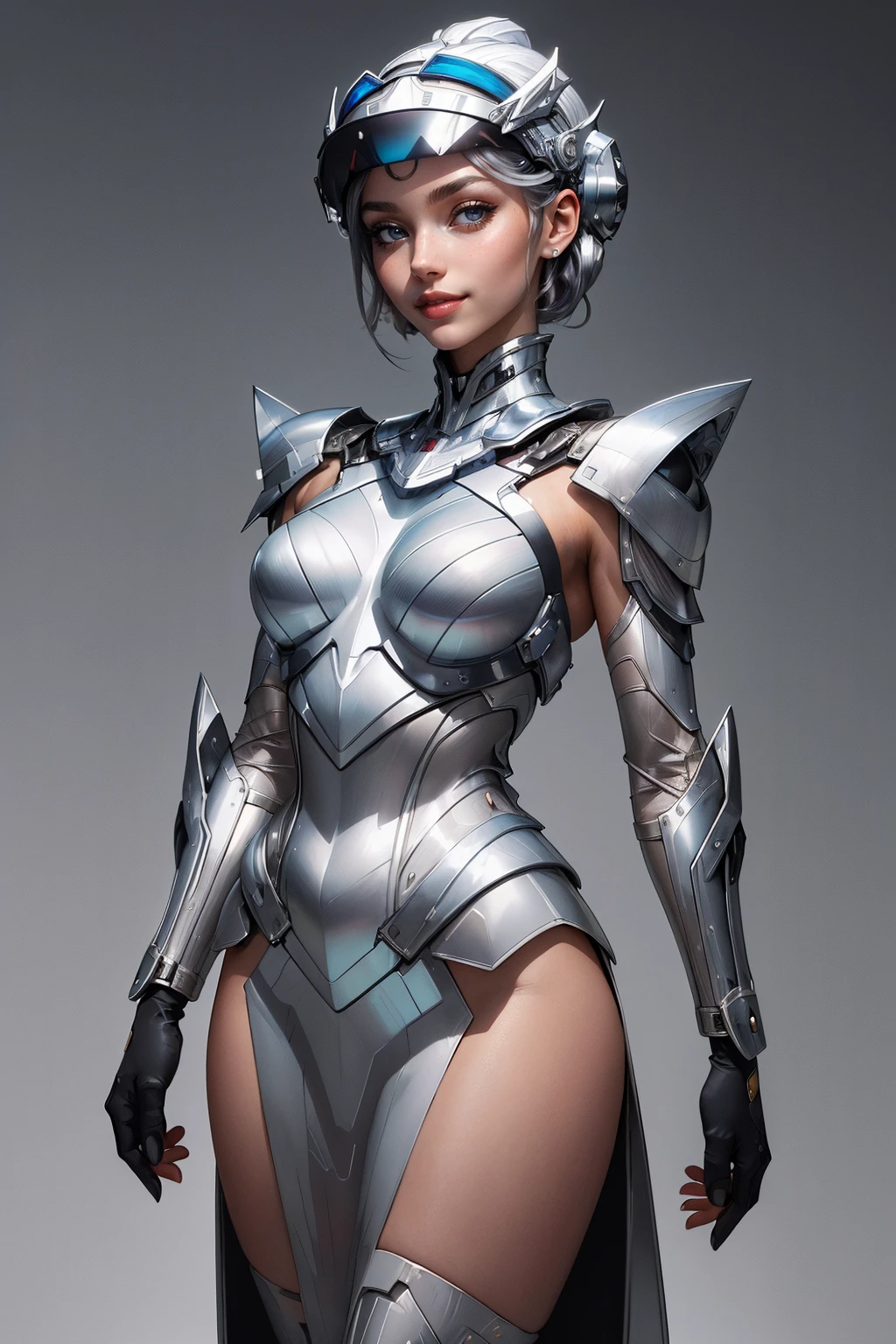 ((best quality)), ((masterpiece)), (detailed), perfect face, (best quality, highres, realistic), cinematic, 1girl, brown eyes, black hair, bobcut hair, flowing hair, sexy armor, showing arms and legs, futuristic, full body, sexy pose, standing, simple background,