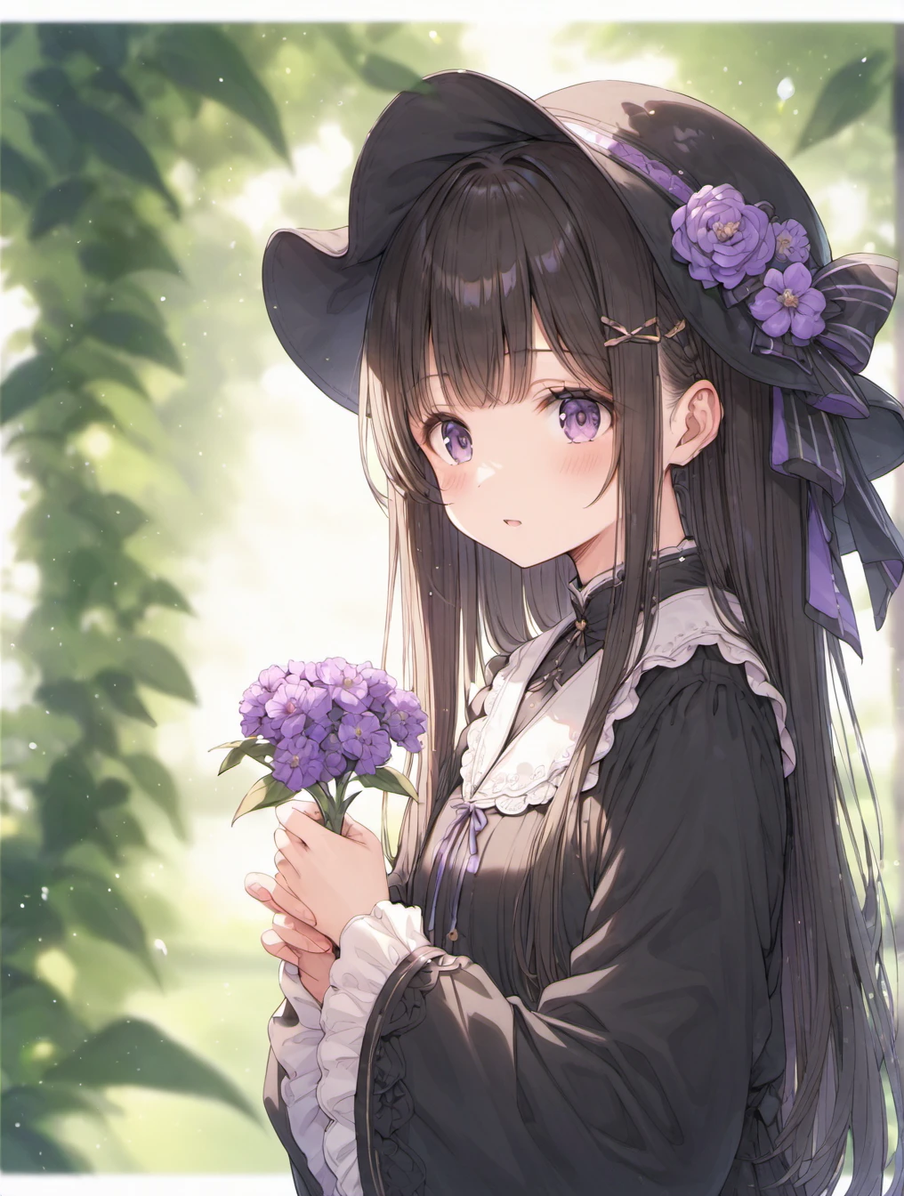 score_9, score_8_up, score_7_up,source_anime,BREAK 1girl, upper body, , 1girl, black dress, black headwear, blurry, blurry background, border, brown hair, dress, flower, hair ornament, hairclip, hat, holding, holding flower, leaf, long hair, long sleeves, looking at viewer, parted lips, purple eyes, purple flower, solo, white border
