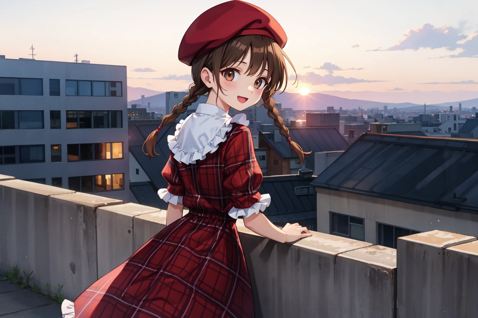(best quality:1.4), amazing intricate, Rooftop observation deck, (on right:1.7),
girl in the distance, dark brown hair, (low twin braids:1.3), swept bangs, dark brown eyes, dropping eyes, small breasts,
(frail:1.4), (:d:0.7), from behind, cowboy shot, (looking back:1.2), (red plaid beret:1.2), (resting arms on fence:1.1),
Oversized frilled shirt tucked into a tulle maxi long skirt with ballet flats,
evening, Blurred background