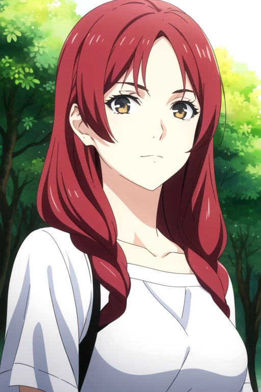 masterpiece, best quality, game cg, 1girl, hazel eyes, dark red hair,, solo, looking at viewer, upper body, depth of field, (watercolor illustration, soft pastel colors:1.1), realistic, Karst Landscape, , <lora:shokugeki_no_souma_style:0.78>, shokugeki_no_souma_style