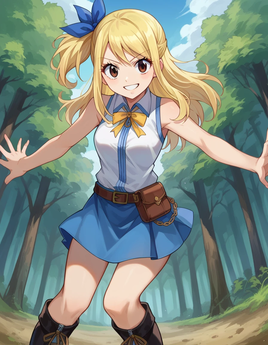 score_9, score_8_up, score_7_up, source_anime,
lucyheartfilia, <lora:lucy-heartfilia-ponyxl-lora-nochekaiser:1>,
lucy heartfilia, blonde hair, brown eyes, one side up, ribbon, hair ribbon, blue ribbon, long hair, smile,
skirt, shirt, bare shoulders, boots, sleeveless, blue skirt, sleeveless shirt, white shirt, zipper,
outdoors, forest, nature,
looking at viewer, cowboy shot, dutch angle, dynamic pose,