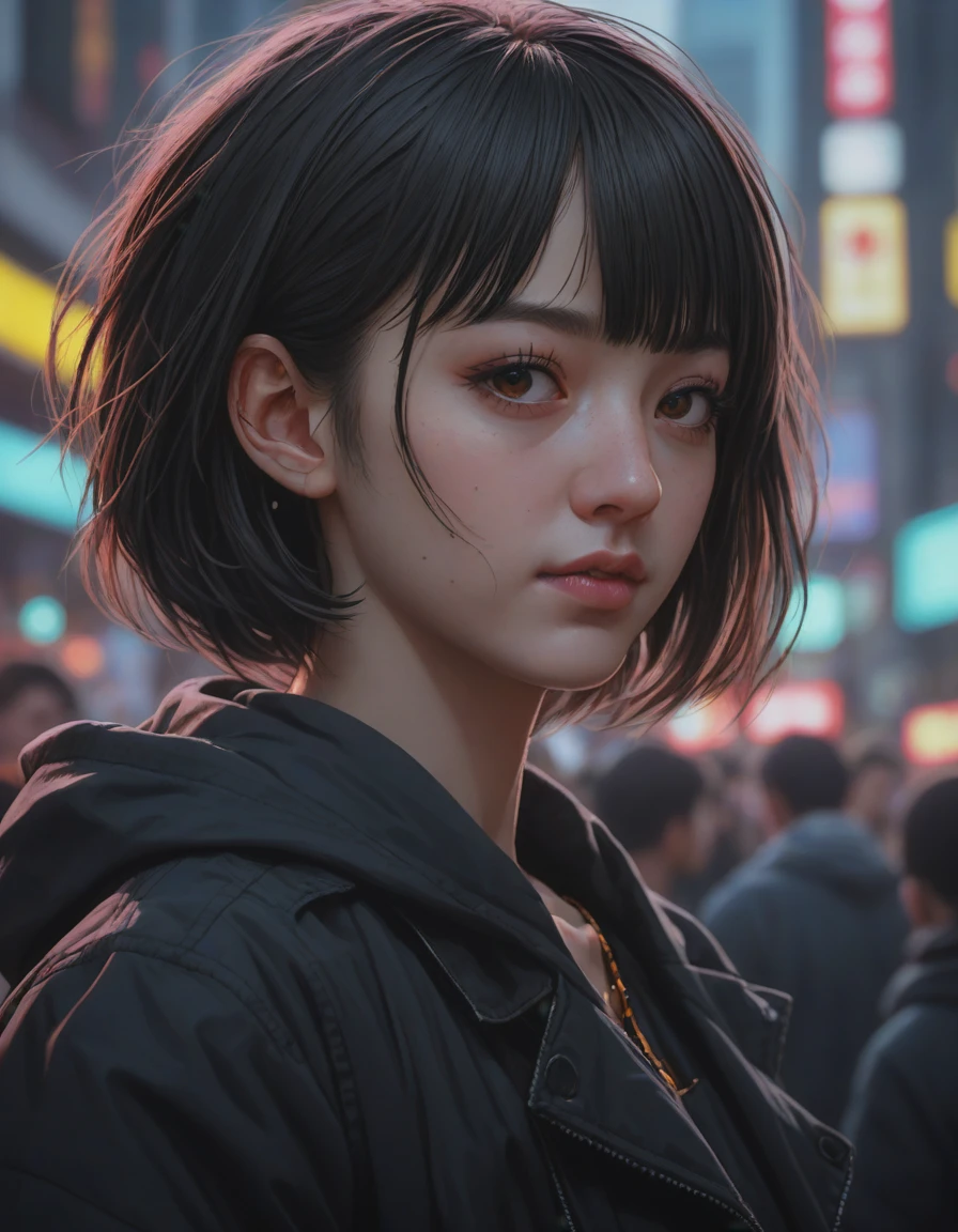 beautiful female vampire, cyberpunk streetwear, cybernetic features, detailed portrait, cell shaded, 4 k, vivid colours, concept art by wlop, ilya kuvshinov, artgerm, krenz cushart, greg rutkowski, pixiv. cinematic dramatic atmosphere, sharp focus, volumetric lighting, cinematic lighting, studio quality, twilight veil, merging realms, twilight hues, meeting point of light and darkness, <lora:crowd_notrigger:1.0>