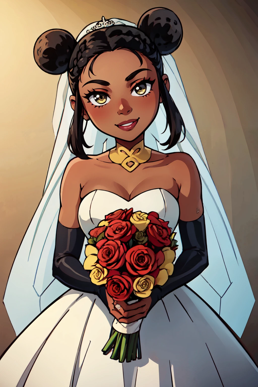 ((masterpiece,best quality)), absurdres, <lora:Bumblebee_DC:0.8>,  1girl, black_hair, dark_skin, hair_bun, dark-skinned_female, double_bun,  smile, looking at viewer,    bride, wedding dress, bridal veil, strapless dress, elbow gloves,  holding bouquet,