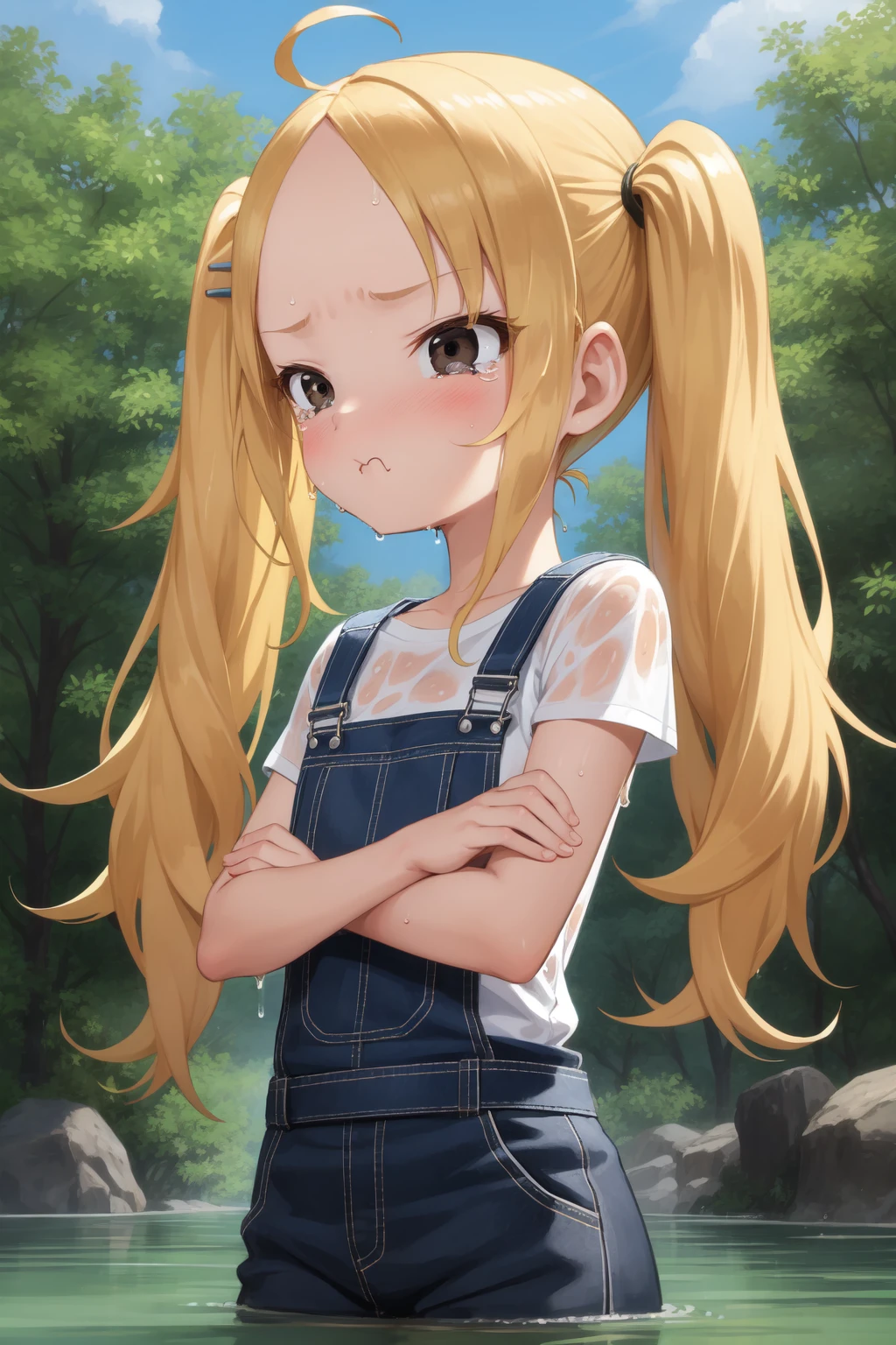 (masterpiece, best quality:1.2),
1girl, (:t, pout:1.1), tearing up, black eyes, blonde hair, twintails, hairclip, forehead, flat chest
BREAK white t-shirt, pink overalls, crossed arms
BREAK partially submerged, (wet, wet clothes, dripping), forest, river