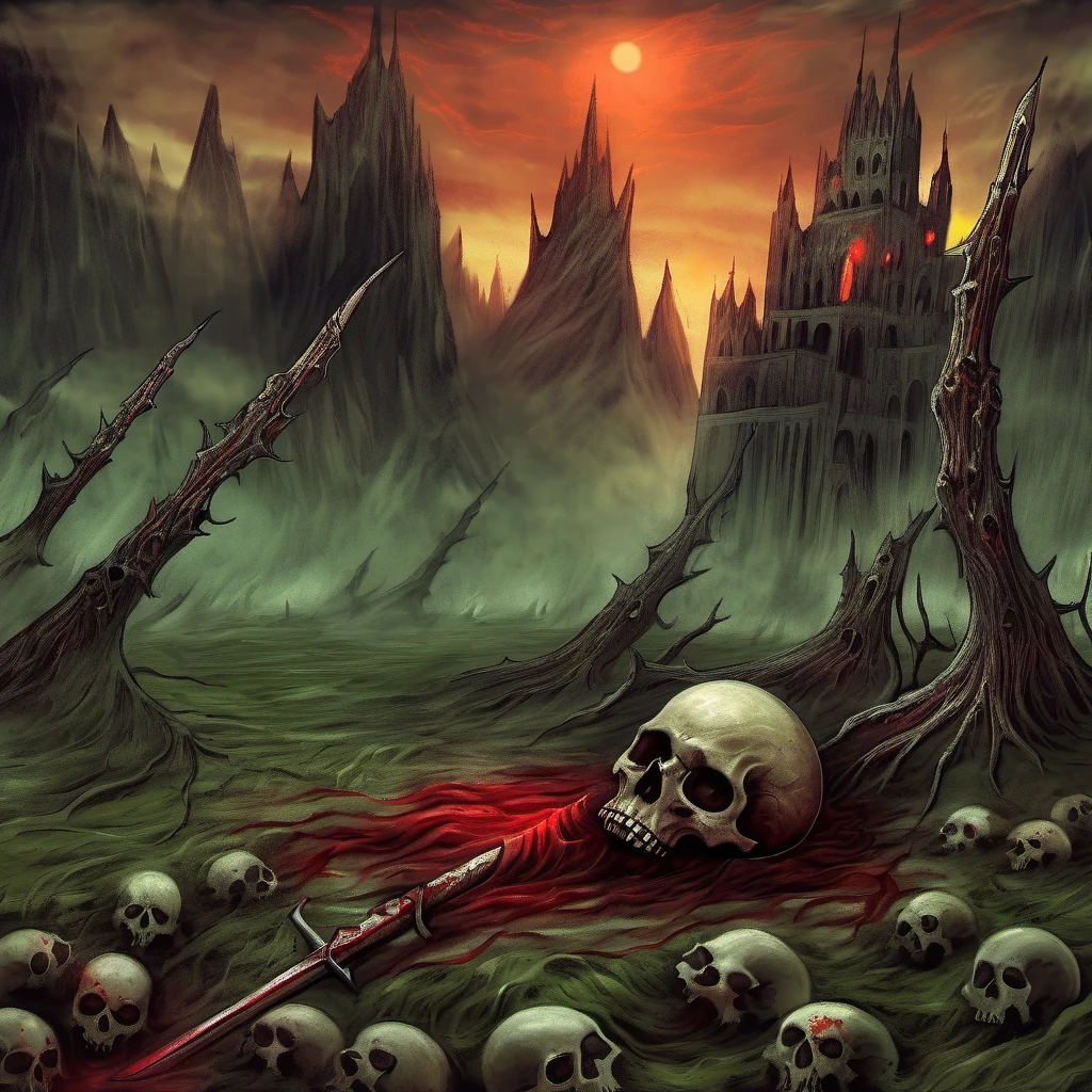 (A hauntingly beautiful dark fantasy art scene depicts a decayed skull lying on the ground, surrounded by a murky green swamp. A fiery red sword is violently impaled through the skull, its blade buried deep in the ground. The overall atmosphere is eerie and foreboding, with a sense of mystery and danger lurking in the shadows.:0.85)

