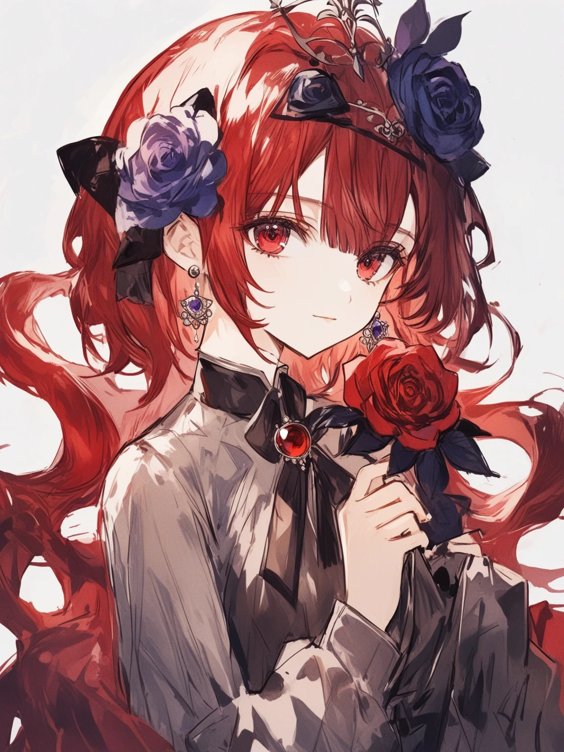 1girl, solo, looking at viewer, short hair, bangs, hair ornament, red eyes, long sleeves, jewelry, closed mouth, upper body, flower, red hair, earrings, hair flower, sleeves past wrists, rose, expressionless, red flower, gem, red rose, purple flower, red gemstone
