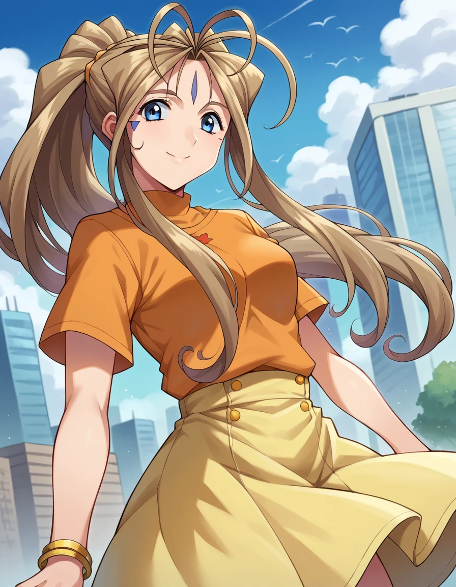 score_9, score_8_up, score_7_up, source_anime,
belldandy, <lora:belldandy-ponyxl-lora-nochekaiser:1>,
belldandy, long hair, blue eyes, brown hair, facial mark, forehead mark, smile,
shirt, orange shirt, short sleeves, belth, skirt, yellow skirt, bracelet,
outdoors, cityscape,
looking at viewer, cowboy shot, dynamic pose, dutch angle,